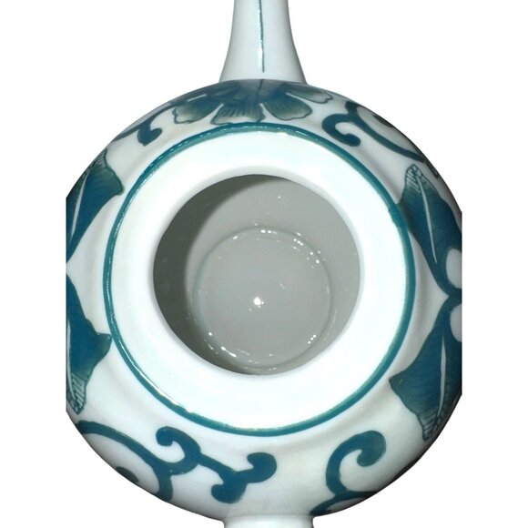 Vintage Porcelain Teapot With Floral Green & White Pattern Elegant Curved Handle - Picture 4 of 13